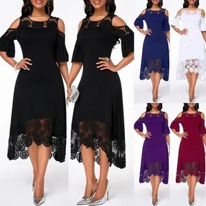 Large Size Fashion New Lace Hollow Bridesmaid Dress, Round Neck Off Shoulder Pullover Dress, Suitable for Party Mid Length Skirt, Lotus Leaf Short Sleeved Comfortable and Breathable, Graduation Gift, Must-have for Returning To School