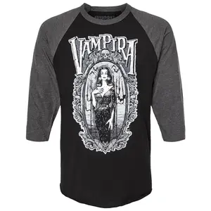 Vampira Gorey Frame Long Sleeve Raglan Tee Black Grey Shirt for Men