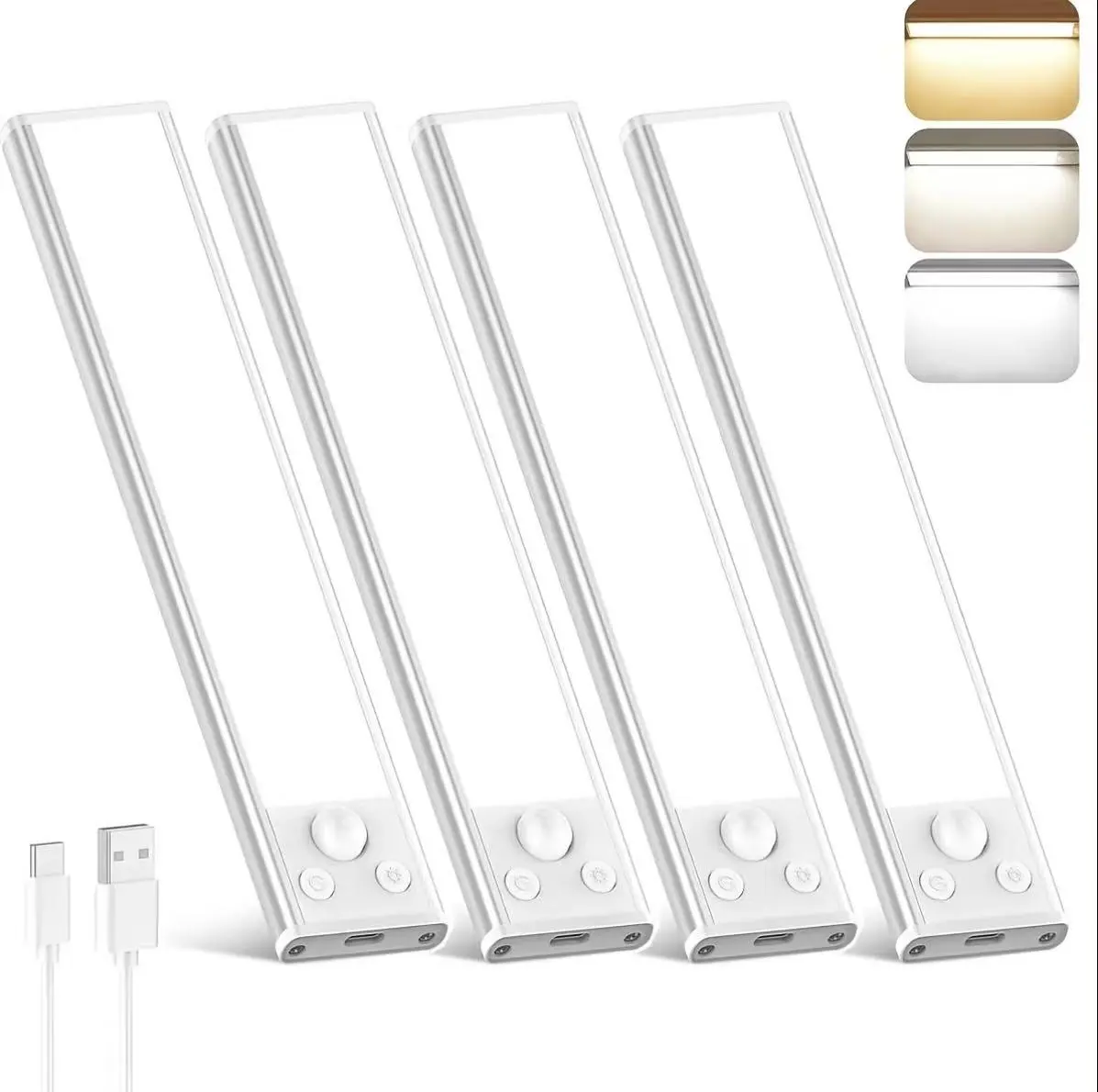 4-Pack Rechargeable LED Under Cabinet Lights - Slim Profile, 3 Color Temps, Dimmable, Motion Sensing LED Strip Lights for Kitchen, Home Decor, Led Lights