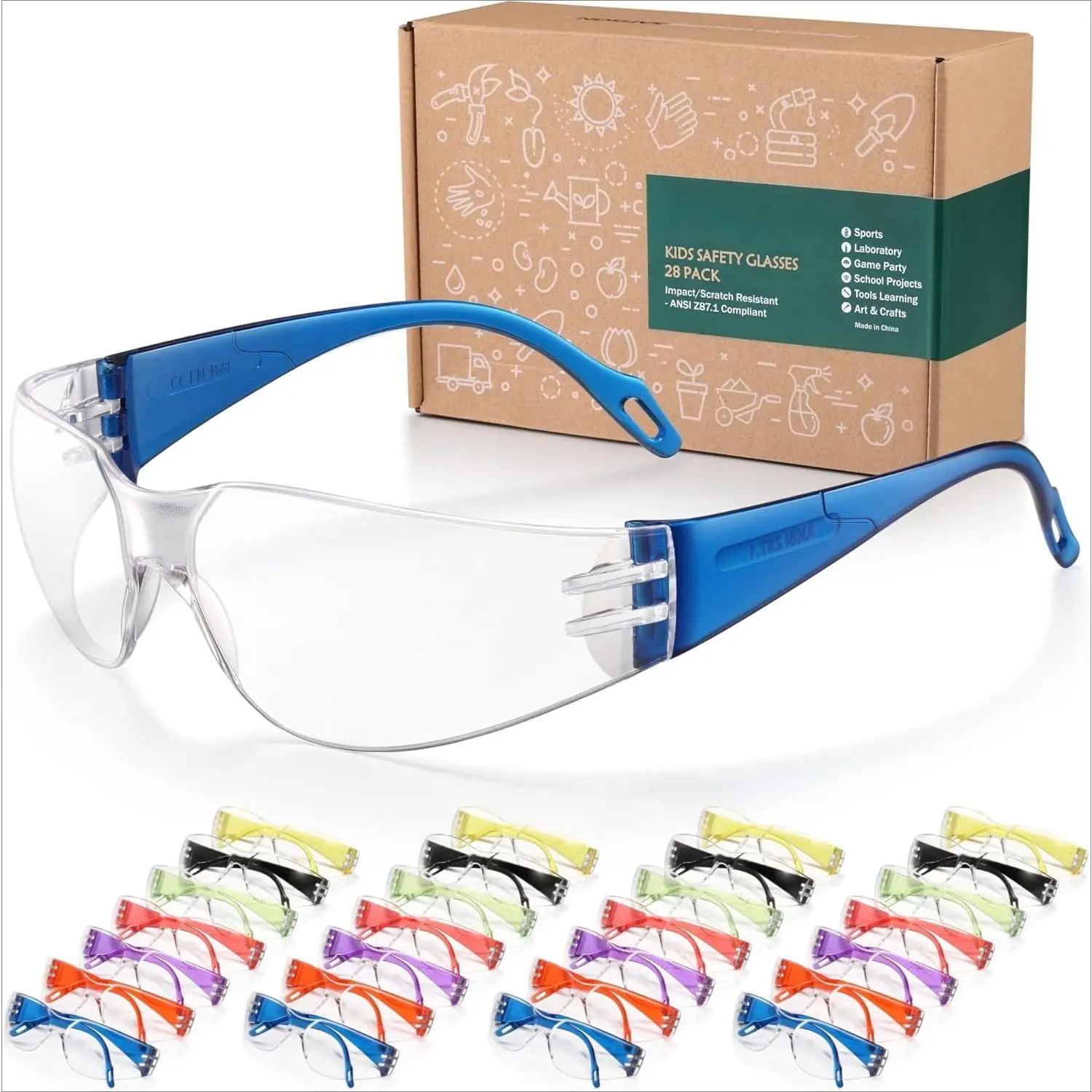 GJ-SQ-SGL002 28 Pack Kids Safety Glasses, ANSI Z87.1 Child Size Protective Goggles in 7 Colors, Scratch and Impact Resistant Clear Lens Eyewear with Color Frame for Nerf Party/Science/School Projects