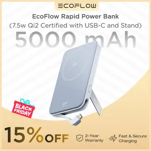 EF ECOFLOW Rapid Power Bank, 5000mAh Qi2 Certified Wireless Magnetic Portable Charger, 30W Max Fast Charging Battery Pack with Built-in USB-C Cable & Stand for iPhone16/15/14/13/12 Series Only
