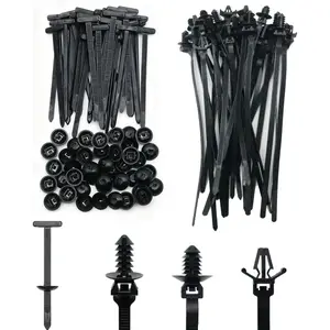 Nylon Universal  Tie Buckle with Push Mount Zip Ties, Nylon T-Rivet Fasteners Strap Style Buckle Zip Tie & Self Looking Automotive Heavy Duty Wire Harness Clips for  Bumper Repair