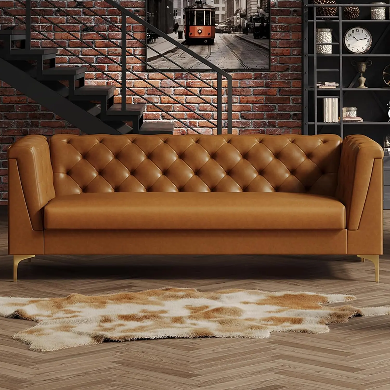 Copiae 81" Mid-Century Modern Sofa Couch,Faux Leather 3 Seater Sofa and Comfortable Cushions,Comfy Deep Seats Sofa Modern Couch for Living Room,Office, Apartment Small Space,Tool-Free Assembly,Brown