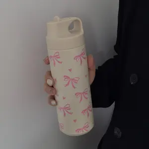 Bow & Heart Pattern Stainless Steel Vacuum Flask, 1 Cute Count Portable Insulated Water Tumbler With Lid, Drinking Cup for Home Office School, Drinkware