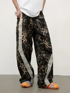 Men's Casual Leopard Print Long Pants, Side Stripe Loose Fit Sweatpants, Drawstring Wide Leg, All Season Fashion