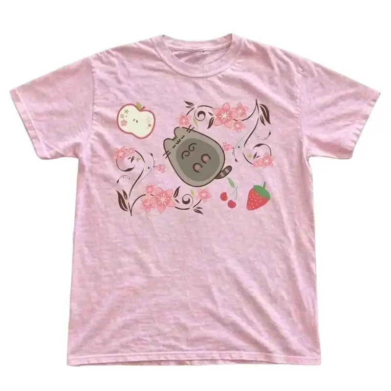 Vintage Pusheen Pink Cat T-Shirt, Cute Cherry Blossom Fruit Graphic Shirt, Japanese Style Pastel Aesthetic Gift Shirts, Cotton Womenswear Top