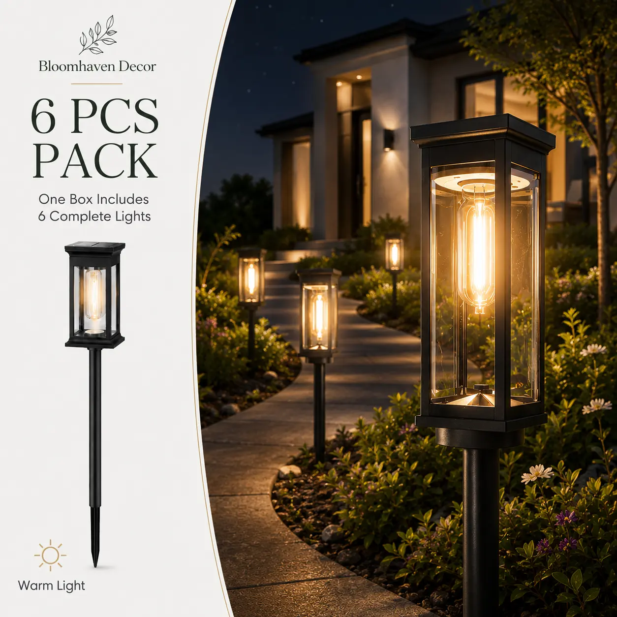 Bloomhaven Decor 6 Pack Solar Pathway Lights Outdoor, Warm White Waterproof Garden Stake Lights, Auto On/Off Solar Landscape Lighting for Walkway, Yard, Driveway, Patio & Flower Bed