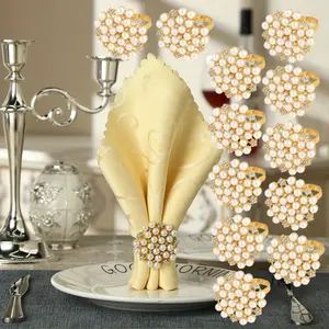 12 Pieces Pearl Rhinestone Napkin Buckles Elegant Napkin Ring, Wedding Valentines Day Easter Napkin Holder Home Table Decor Diamante, Linnens, Party, Party Celebration