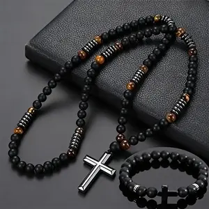 Retro Tiger Eye Stone Bead Design Necklace & Bracelet Set for Men Fashionable Full Set Exquisite Jewelry Gift