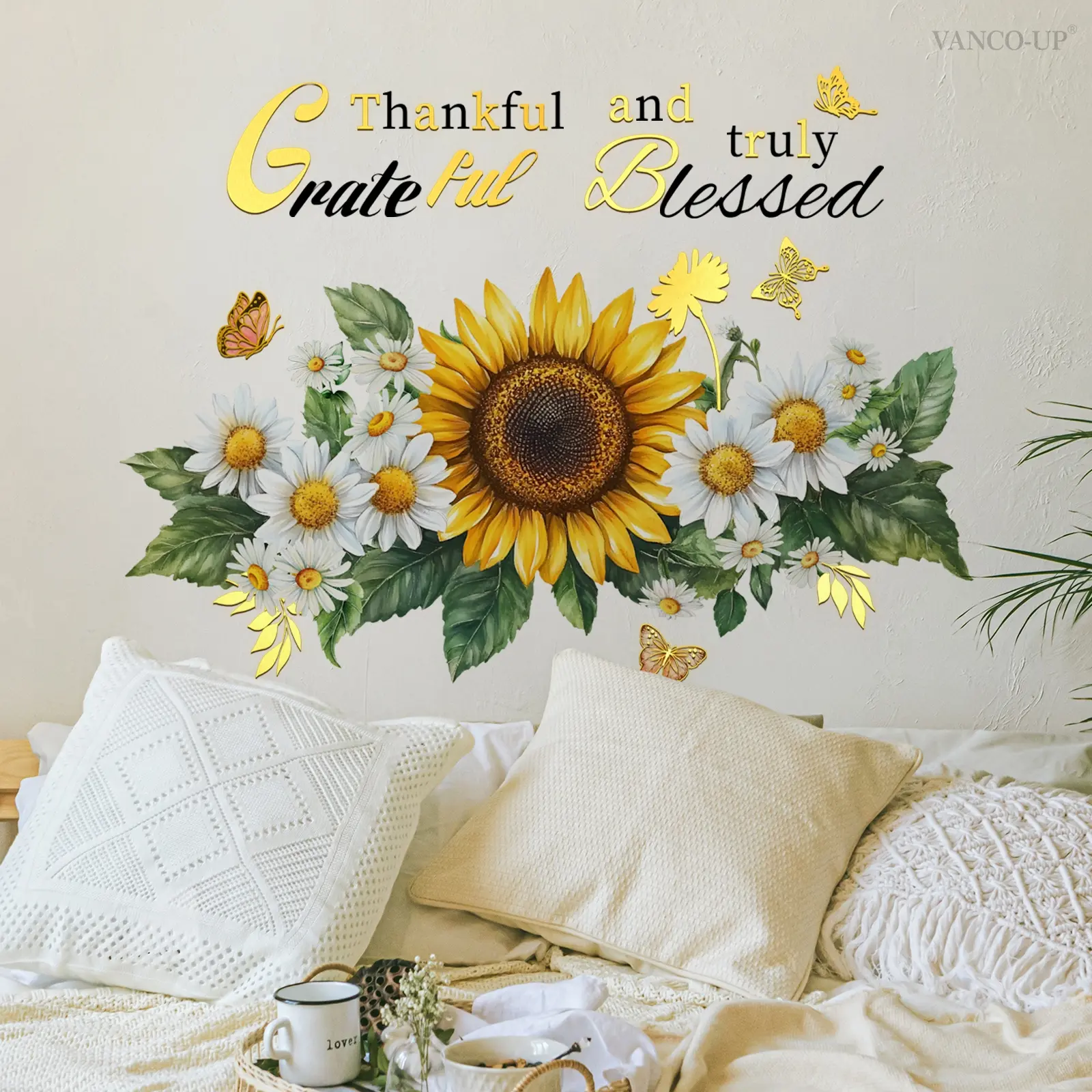 A set (30*60cm*2pcs) of new gold stamping process sunflower and daisy floral English spring and summer decorative wall stickers, living room and bedroom decoration background art wall stickers, TJ19001, Wall Decal, Interior Wall Decor, Home Decor