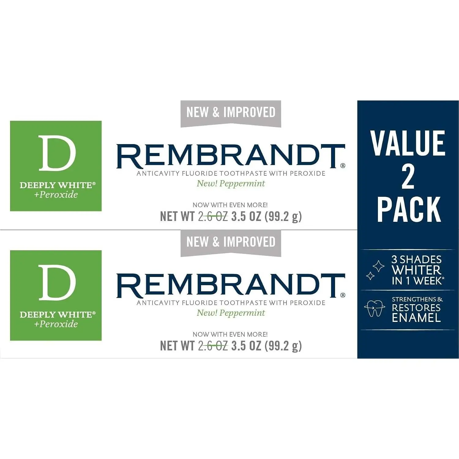 Rembrandt Deeply White + Peroxide Whitening Toothpaste, Peppermint Flavor, 3.5-Ounce (Pack of 2) (Packaging may Vary)