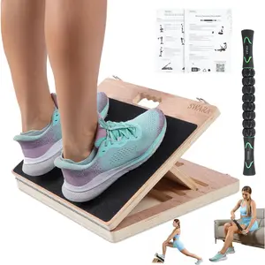 14" Wide Premium Portable Wooden Slant Board, Thicker Bottom Professional Adjustable Calf Stretching, Beginner & Rehab Friendly, Exercise Guide and Bonus Muscle Roller for Squats Physical Therapy