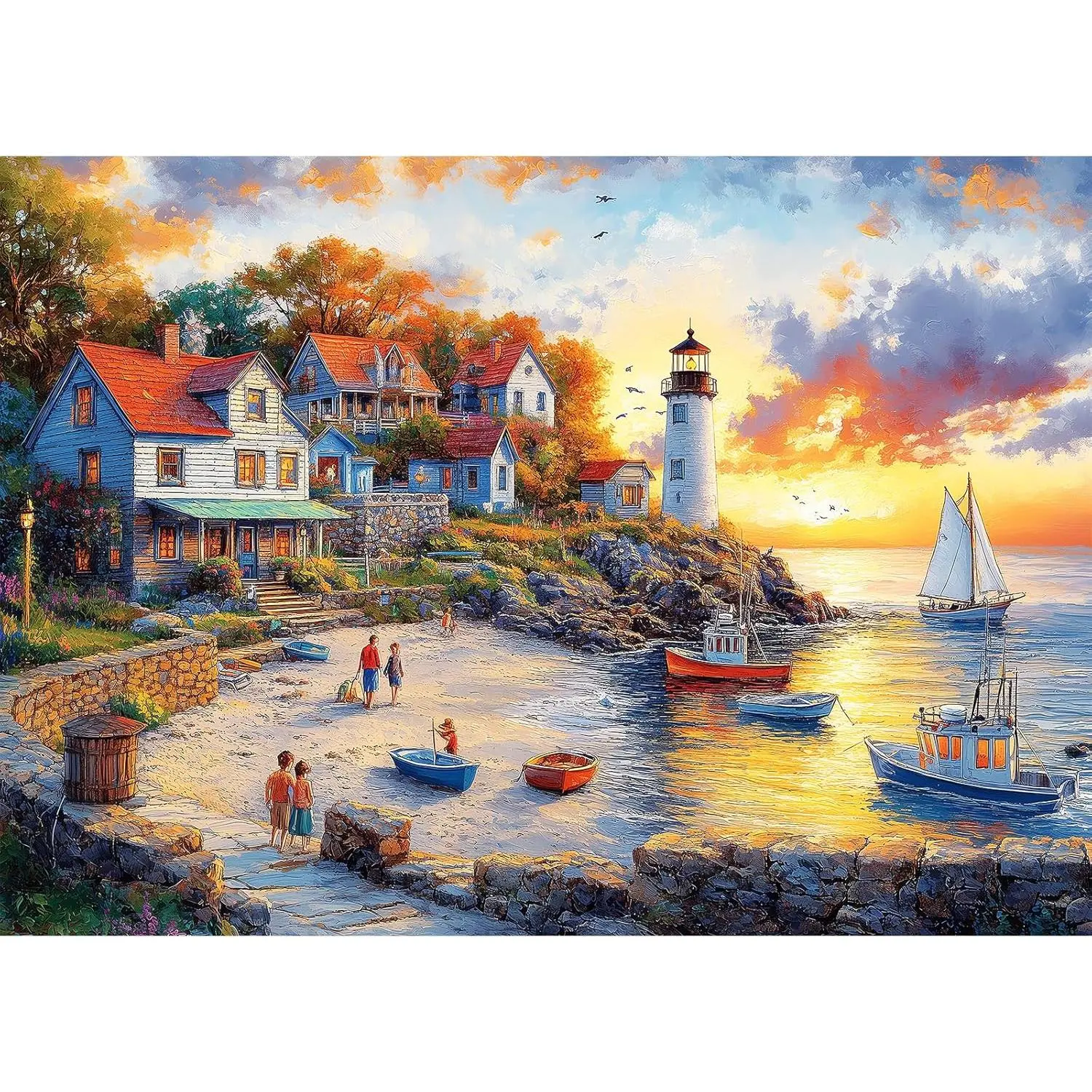 1000 Pieces Puzzles for Adults, Fall Seaside Puzzle, Fishing Village Jigsaw Puzzles 1000 Pieces, Creative Play Holiday Party Gifts Artwork Wall Home Decor, Funny Puzzle for Adults, 28×20 in