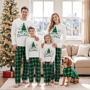 Christmas Family Pajamas Holiday Christma Pajama Family Matching Pjs Sets Christmas Tree Letter Print Tops Green Plaid Pants Xmas Jammies Nightwear Sleepwear