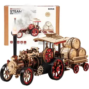 ROKR Steam Engine Mechanical 3D Wooden Puzzle Battery Powered | Motorized Vintage Steam Engine Model with 3-Speed Control & Trailer | Interactive DIY Puzzle | Creative Desk Decor | Puzzles for Adults & Engineering Fans