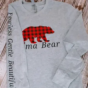 Mama Bear & Baby Bear Matching Long Sleeve Gray Shirts Cotton & Recycled Polyester Blend with Red Plaid Bear Embellishment for Casual Occasions