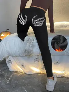 Women's Skeleton Hand Print High Waist Sports Leggings, Sporty Casual Comfy Breathable Skinny Pants for Yoga Gym Workout Running, Ladies Sportswear for All Seasons