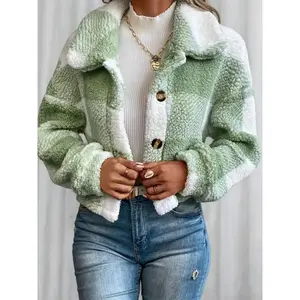 Autumn Winter Women's Plaid Fleece Coat, Casual Style Woven Fabric Jacket, Moderate Thickening, Fall & Winter Fashion Outerwear