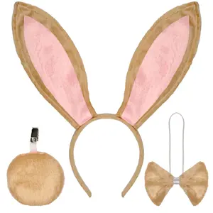 Funcredible BunnyHTBLola Funcredible Brown Bunny Ears and Tail Set - Bunny Ears Headband, Bunny Tail and Bowtie - Bunny Costume Set - Rabbit Costume Cosplay Accessories for Kids and Adult
