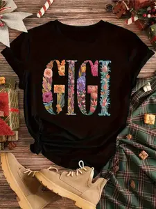 GIGI Letter Print Round Neck T-Shirt with Floral And Geometric Patterns - Soft And Comfortable for All Seasons, Easy to Wash, Casual Top with Vibrant Designs, Trendy Loose Fit, Versatile Wear, Long-Lasting Printed Tee