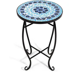Side Table Outdoor Mosaic Round 14 Inch W/Glass Table Top and Steel Frame for Patio, Lawn, Garden, Balcony and Home Decor Small End Table (Blue)