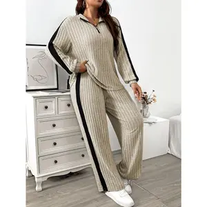 Elegant Polyester Pantsuit Women - Lapel Collar Zipper Top and Wide-Leg Pants Set, Color Block Design, Fall/Winter Collection Womenswear Clothes
