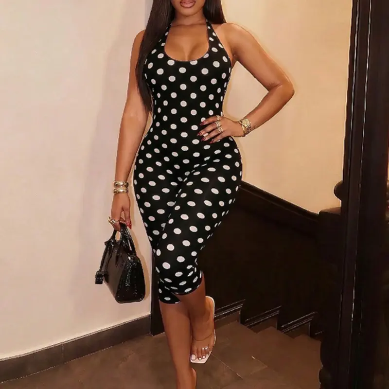 Women's Polka Dot V-Neck Halter Slim-Fit Chic Jumpsuit, Trendy Polka Dot Pattern, Perfect for Daily Wear, Vacation