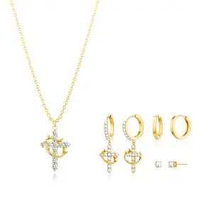 Tewiky 14K Gold-Plated 4PCS Zircon Crown Cross Necklace and Three Pairs of Earrings Set, Elegant Design, Valentine's Day Gift, Suitable for Various Occasions