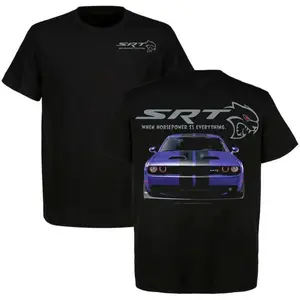 Dodge SRT Hellcat Challenger T-Shirt – Purple Muscle Car Tee with SRT Logo And Horsepower Quote, Mopar Streetwear Top Menswear Car Enthusiast Gift For Men, Father's Day