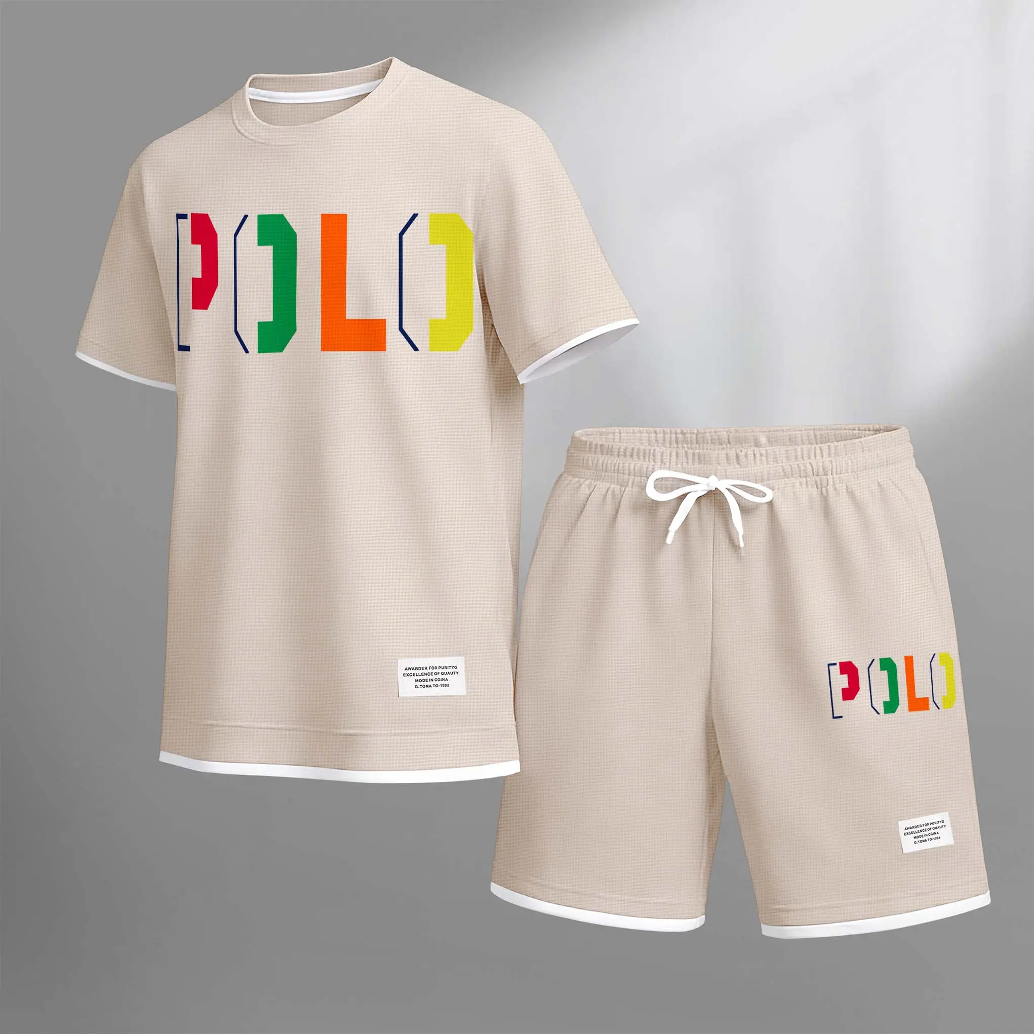 Men's Polo Print Drawstring Shorts Set For Spring/Summer. A Casual Summer Outfit, Including A Short-Sleeved Shirt And Shorts, Suitable For Everyday Wear And Sports. A Two-Piece Set For A Relaxed And Energetic Lifestyle.