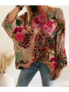 Spring/Summer style, boat neck, diamond hollow out, batwing drop shoulders, loose fit, color-block leopard print & floral patchwork, long-sleeve women's knit top, vacation style, casual elegant commute, ladies' vest cover-up, bikini cover-up.