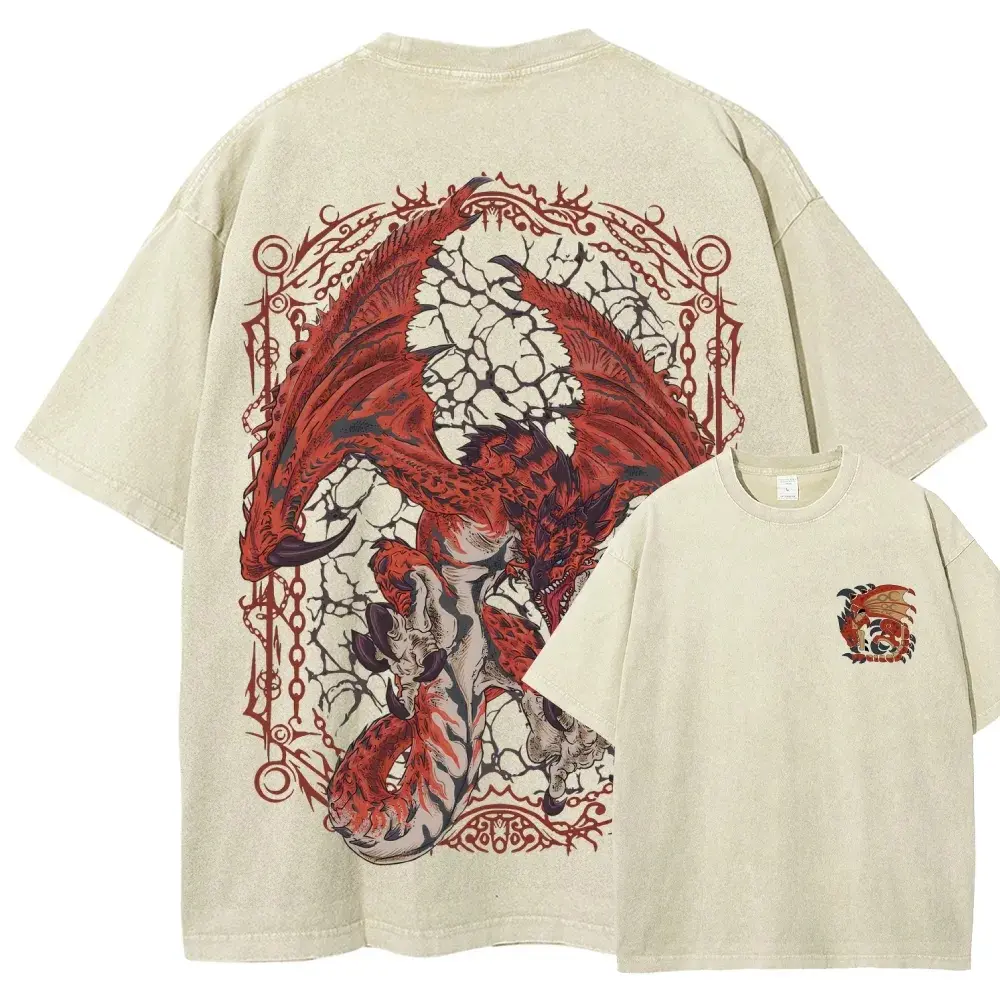 Menswear Monster Hunter Unisex Casual Round Neck Distressed Washed T-Shirt 4