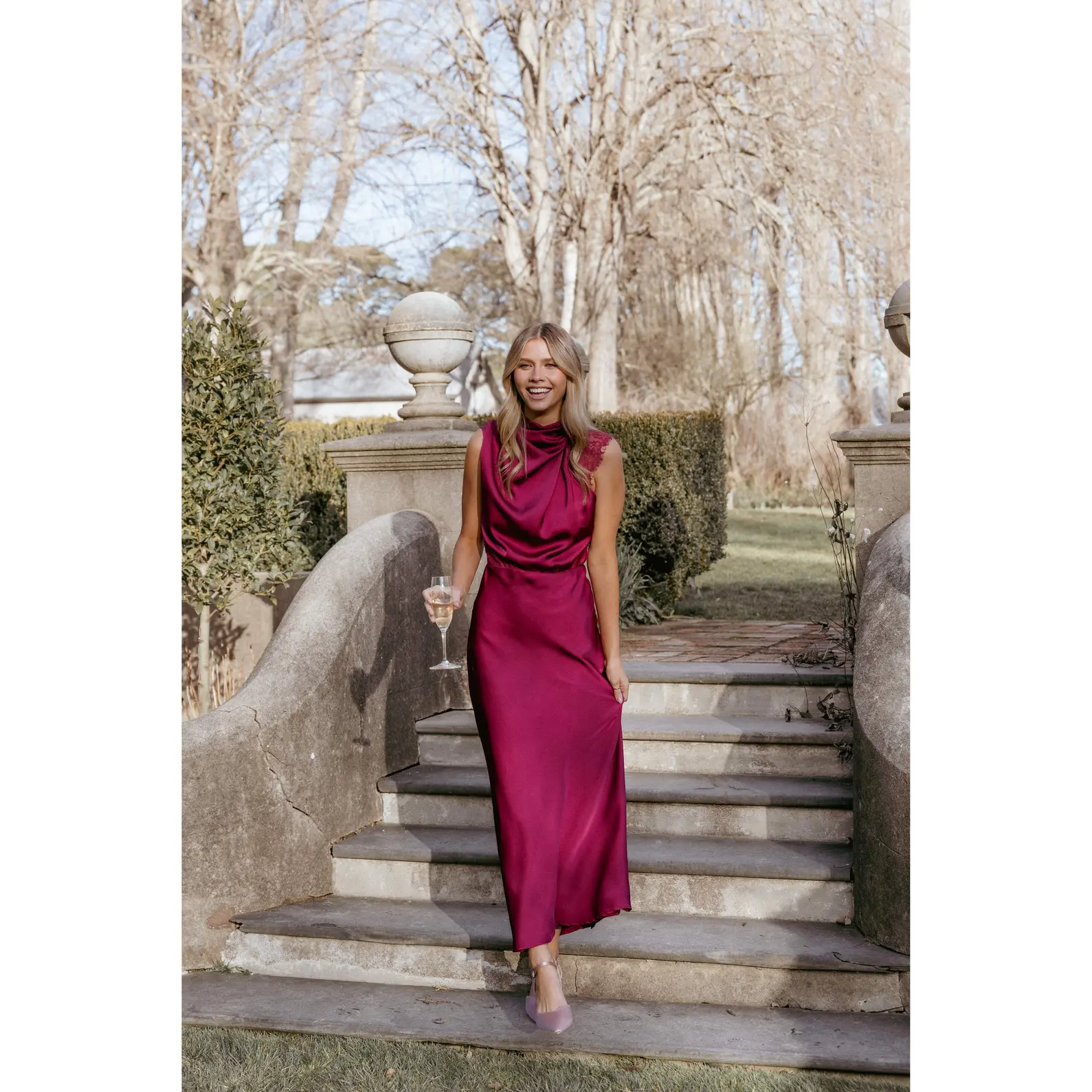 Anabelle Halter Neck Lace Maxi Dress - Berry