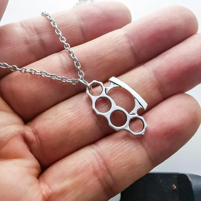 Brass Knuckles Pendant Necklace for Men and Women, Vintage Gothic Accessories in Ancient Silver Finish, Anniversary Gift, Brass Knuckles Necklace, One-Piece