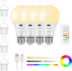 Smart LED Emergency Bulb (RGB, 4PX) - USB Rechargeable, Battery-Operated Mini Mood Light, Touch Control, Adjustable Color-Change, 5 Modes, 150LM, 2000mAh