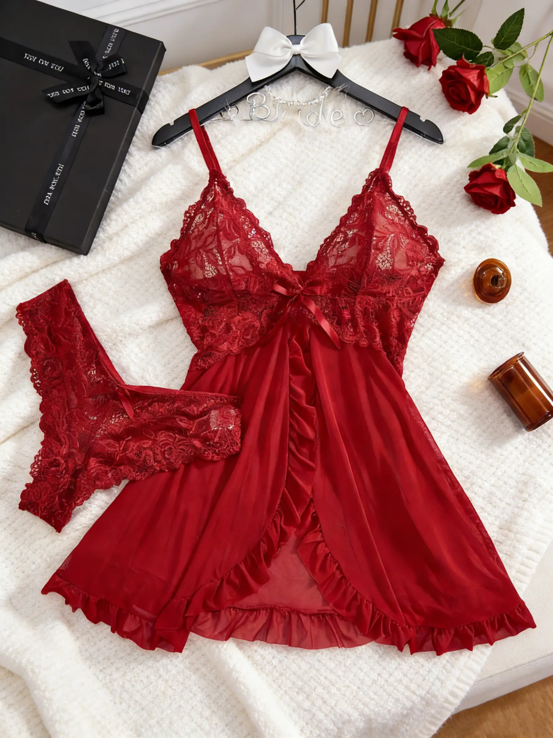 Women's Sheer Mesh Nightdress, Fitted Lace Halter V-Neck Lingerie, Basic Strap Sleepwear for Everyday Loungewear, Daily, Sheer Net, Net Fabric