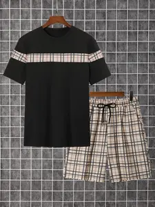 Men's Plaid Print Short Sleeve Tee & Drawstring Waist Shorts Two-piece Set, Regular Fit Casual Fashion Cozy Round Neck T-shirt & Pocket Shorts for Daily Outdoor Wear, Men's Clothing for Summer