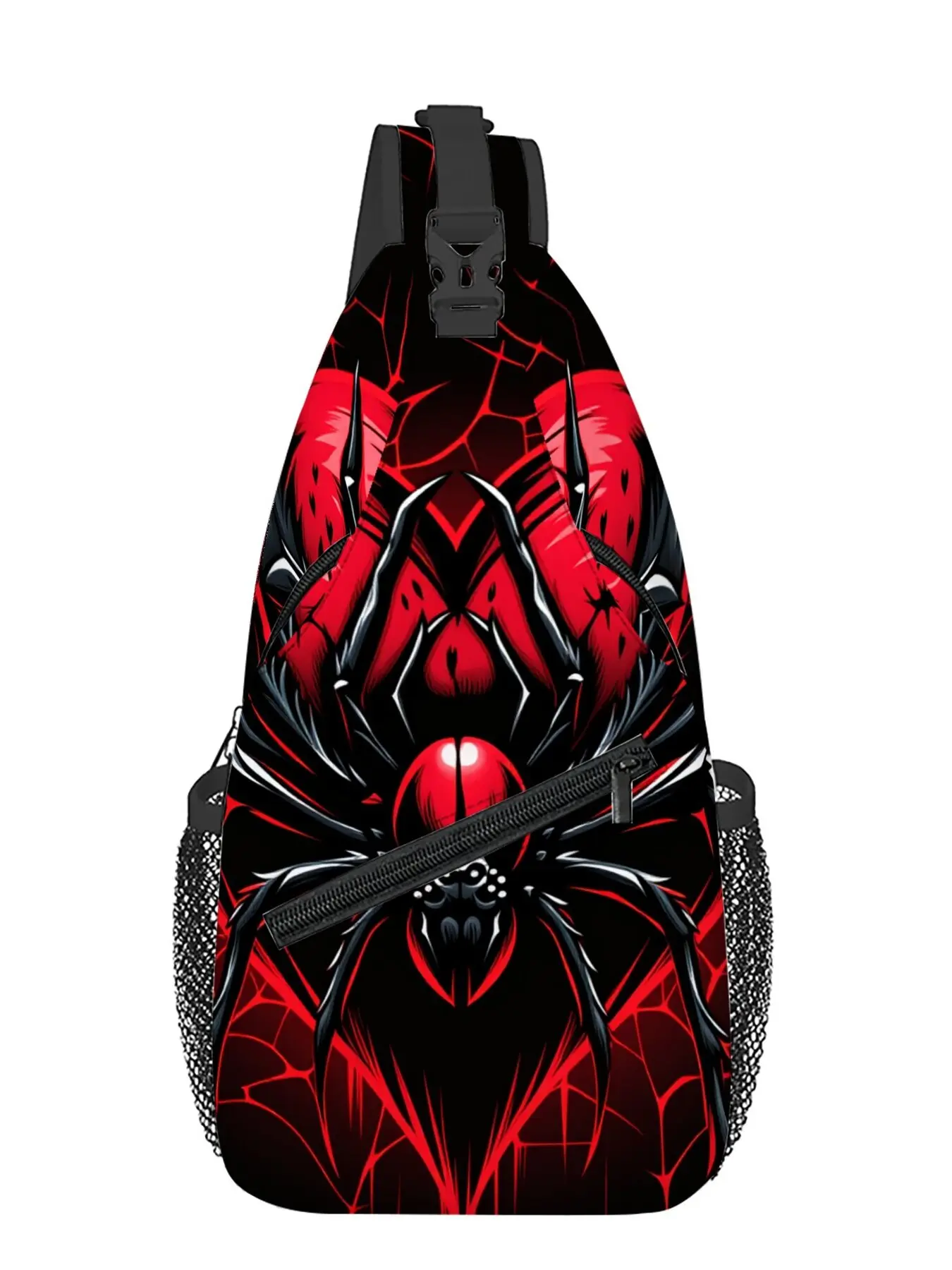 Red Heart Spider Pattern Full-Panel Print Chest Bag Casual Waist Bag Zipper Fanny Pack Bumbag