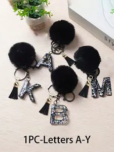 Black ball tassel initial keychain, letter initial keychain, cute pom-pom keychain, bag and backpack charm, car ornament, suitable as a gift for women and girls, wallet and handbag accessory
