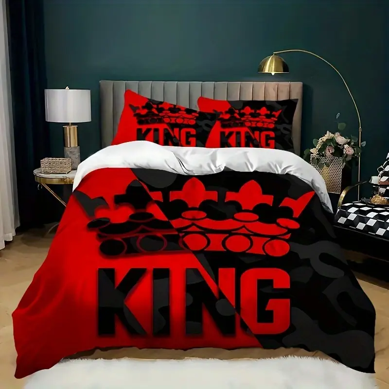 3-Piece Polyester Bedding Set - 1 Polyester Duvet Cover, 2 Pillowcases, Contemporary Red and Black Print, Quilted, All-Season, Comfortable, Zipper Closure, Suitable for Bedroom, Dormitory Decoration