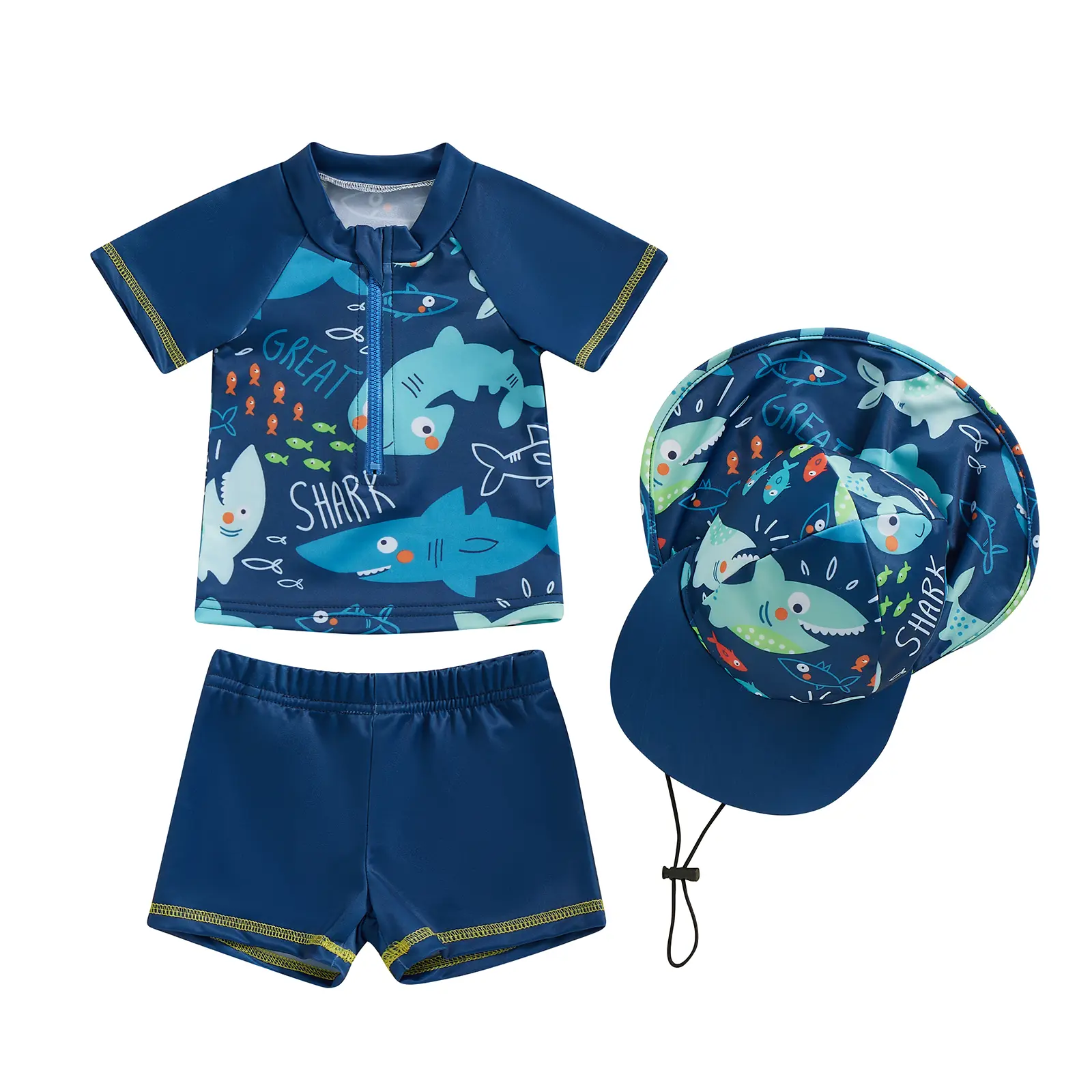 Toddler Baby Boys 3 Pieces Swimsuit Set Swimwear Shark Dolphin Zipper Bathing Suit UPF 50+ Rash Guards with Hat
