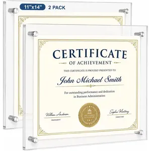 EHWINE 11x14 Acrylic Picture Frame Wall Mount 2 Pack, Floating Frameless Clear Photo Display, Certificate Diploma Poster Document Frame for Home, Office, School, Gallery Decor with Silver Hardware