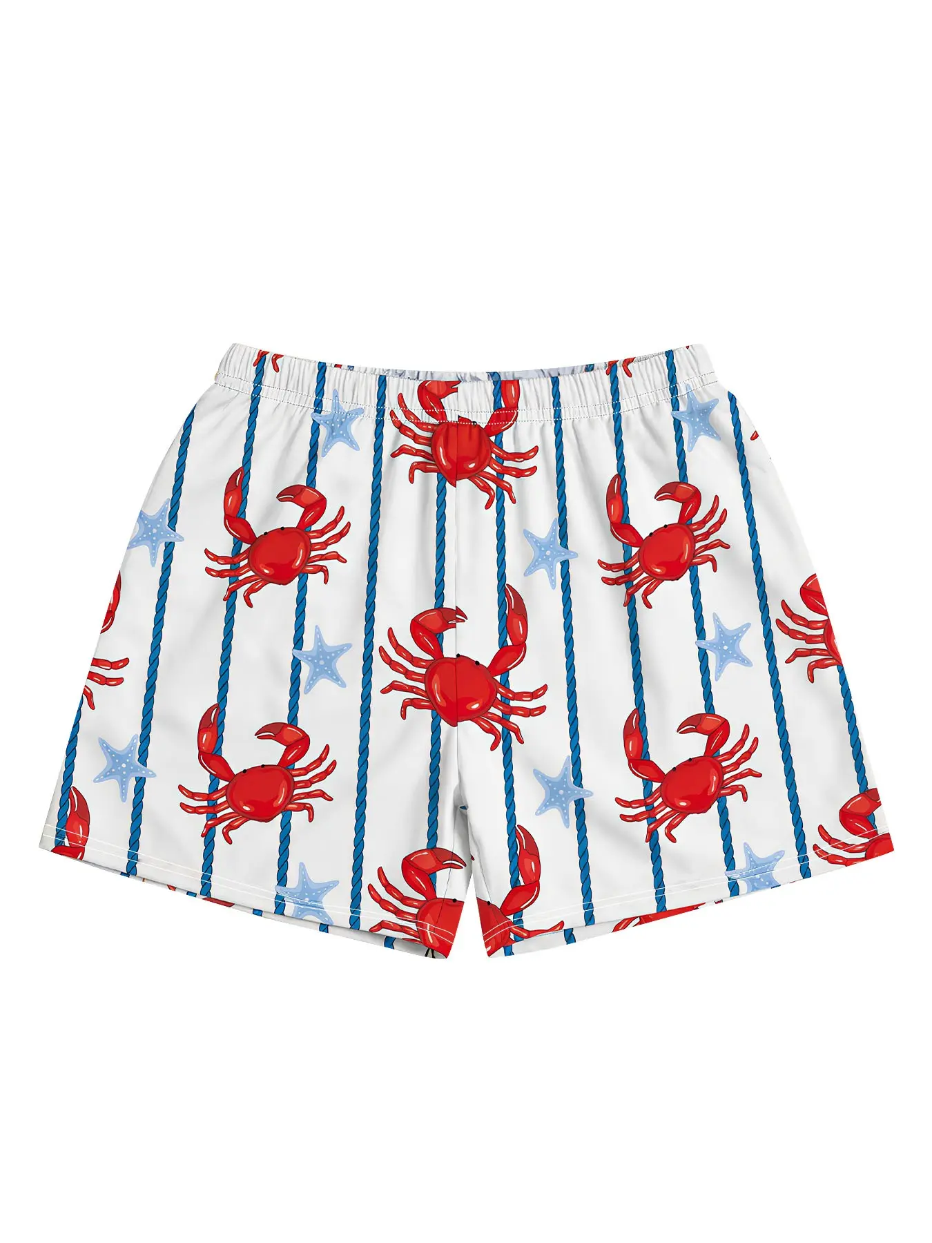 Women's Summer Digital Crab Starfish Print Shorts, Striped Elastic Waist Casual Fit Pants, Beach Home Outdoor Versatile Casual Stretch Shorts
