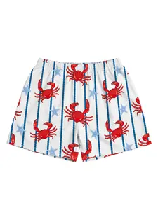 Women's Summer Digital Crab Starfish Print Shorts, Striped Elastic Waist Casual Fit Pants, Beach Home Outdoor Versatile Shorts