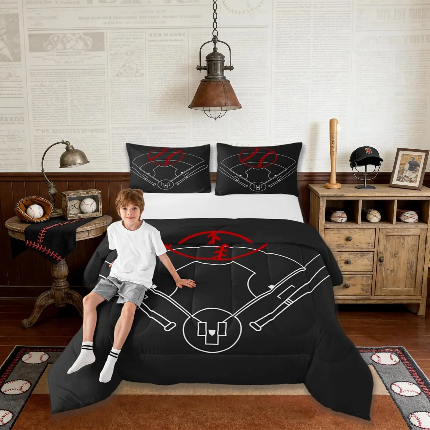 Baseball Field Print Comforter Set Ball Sports Games Themed Quilt Set Bedroom Collection,Red Baseball Bat Sporting Equipment Soft Bedding Set