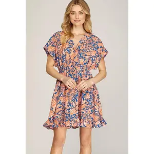 She + Sky Full Size Ruffled Hem Printed Surplice Kimono Sleeve Mini Dress Plus Size