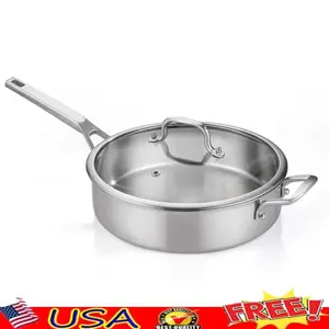 Tri-Ply Stainless Steel 12 Inch Saute Pan with Lid 6QT Deep Frying Pan Induction Compatible Large Skillet Chef Pan Oven Safe