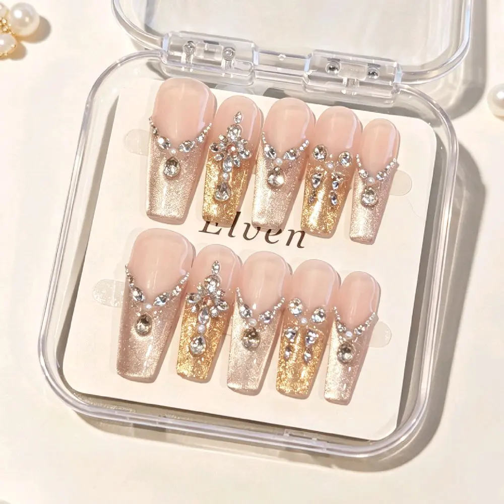 Handmade Nude Gold Glitter Tip Cat Eye Press On Nails - Luxury Crystal Rhinestone Chain Accents, Long Tapered Coffin Reusable Fake Nails, Bridal Glam Salon Quality