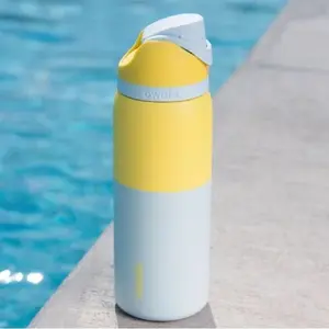 Owala FreeSip Insulated Water Bottle 32oz – Sun & Sea Special Edition | Leak-Proof, Built-In Straw, Stainless Steel | Yellow Blue Colorblock Summer Aesthetic Tumbler for Beach, Gym, School & Travel