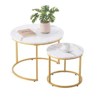 VEVOR Nesting Coffee Table Set of 2, 23.6 in Round Coffee Table, Nesting Tables for Small Place, Vintage End Side Tables Night Stand with Metal Frame, for Living Room, Bedroom, Office (White & Gold)